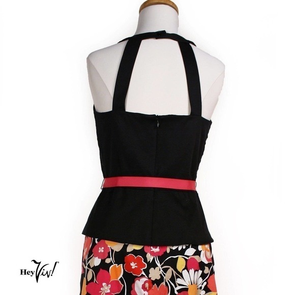 Vintage Halter Dress Sheri Martin Black Peplum Top Floral Skirt Size 6 - Hey Viv - Picture 7 of 8